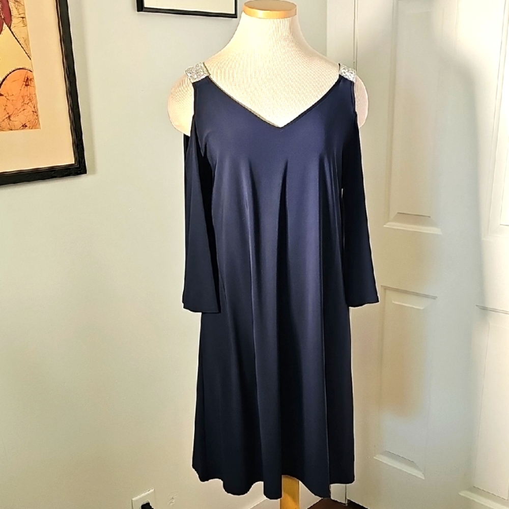 Elegant Navy Blue Cold Shoulder Dress. Flair, By DB ESTABLISHED1962. Size Large.